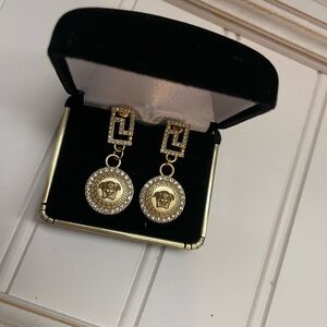 Gold Tone Drop Earrings with Crystal Accents – Medallion Statement Style